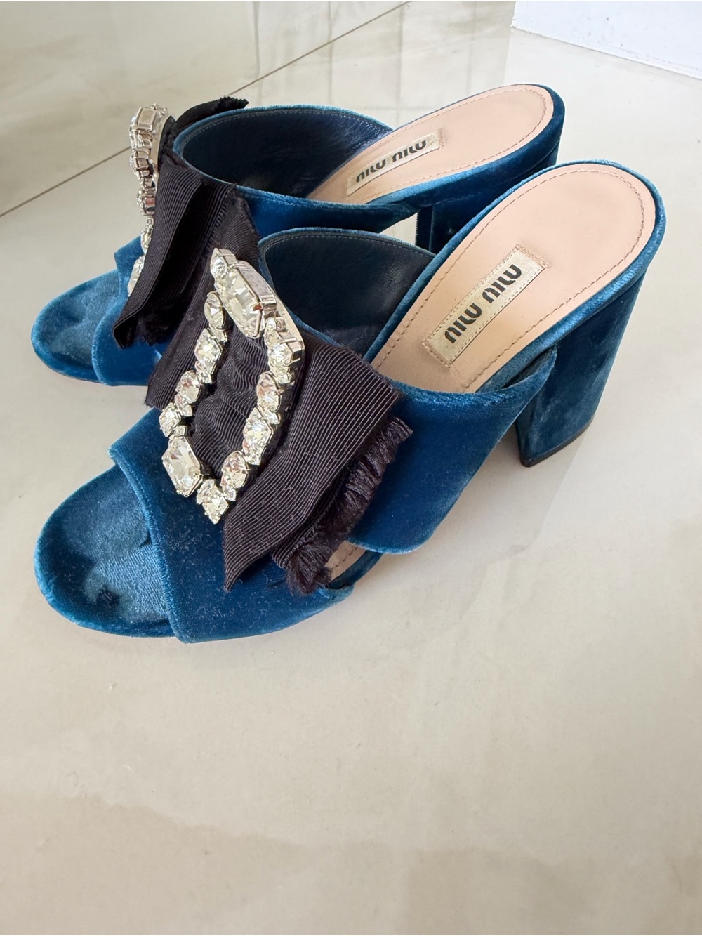 Miu Miu Teal Velvet Crystal-Buckle Bow Mules - Picture 3 of 5